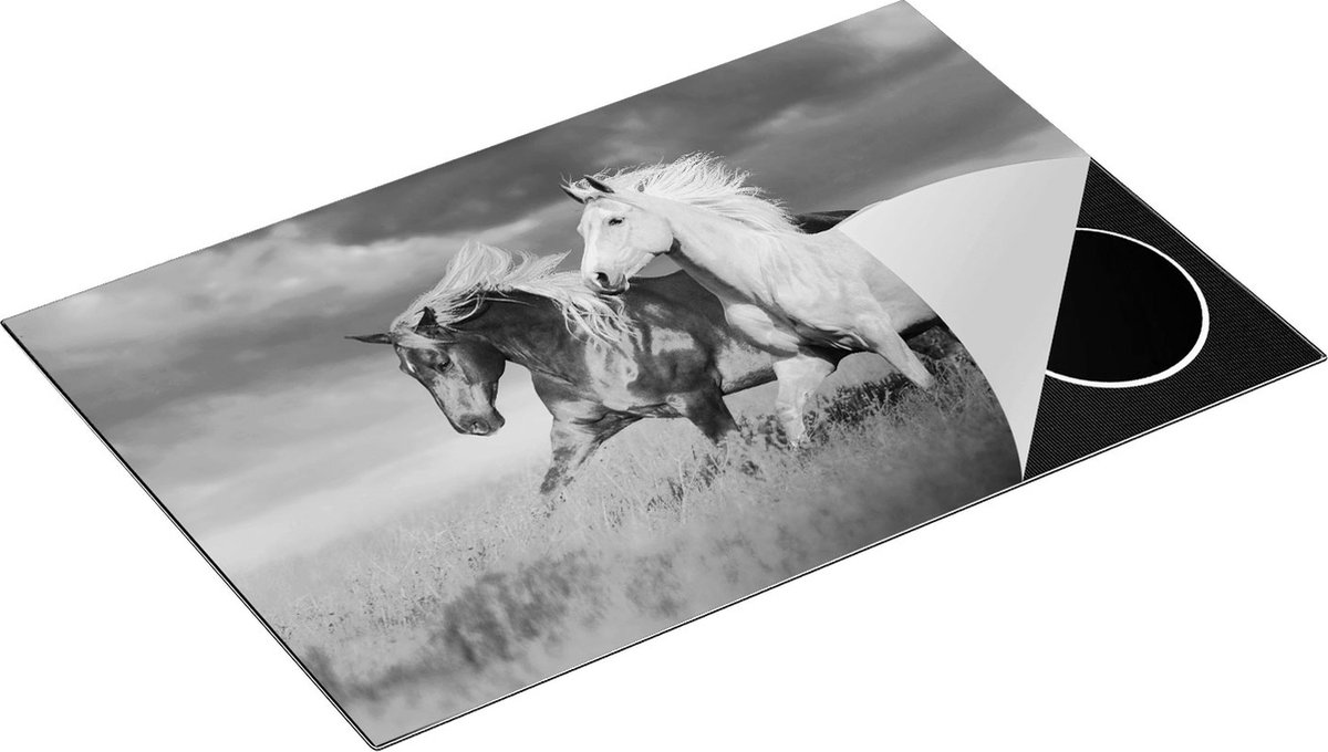 Chefcare Inductie Beschermer Bruin en Wit Paard in de Wei - Zwart Wit - 81x52 cm - Afdekplaat Inductie - Kookplaat Beschermer - Inductie Mat