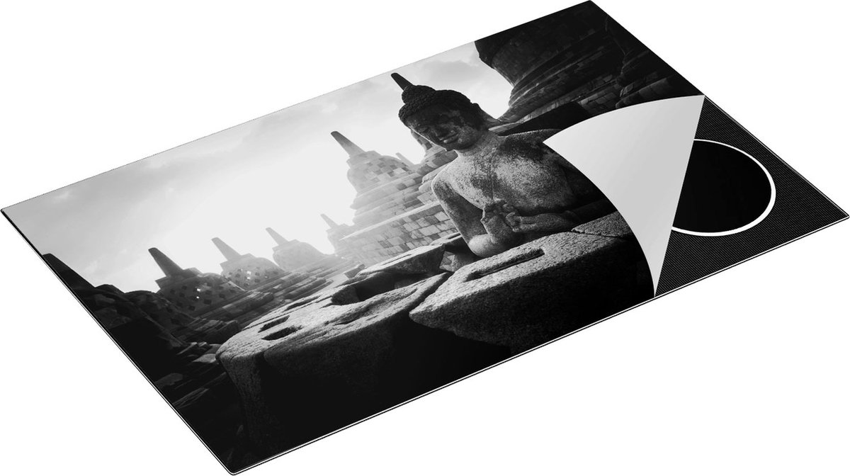 Chefcare Inductie Beschermer Boeddha Beeld in een Tempel - Zwart Wit - 85x52 cm - Afdekplaat Inductie - Kookplaat Beschermer - Inductie Mat