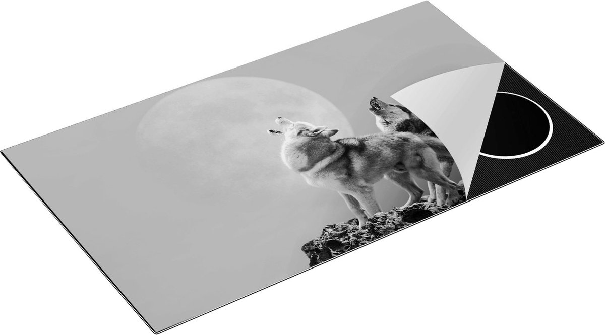 Chefcare Inductie Beschermer Twee Wolven Die Huilen tijdens Volle Maan - Zwart Wit - 90x52 cm - Afdekplaat Inductie - Kookplaat Beschermer - Inductie Mat