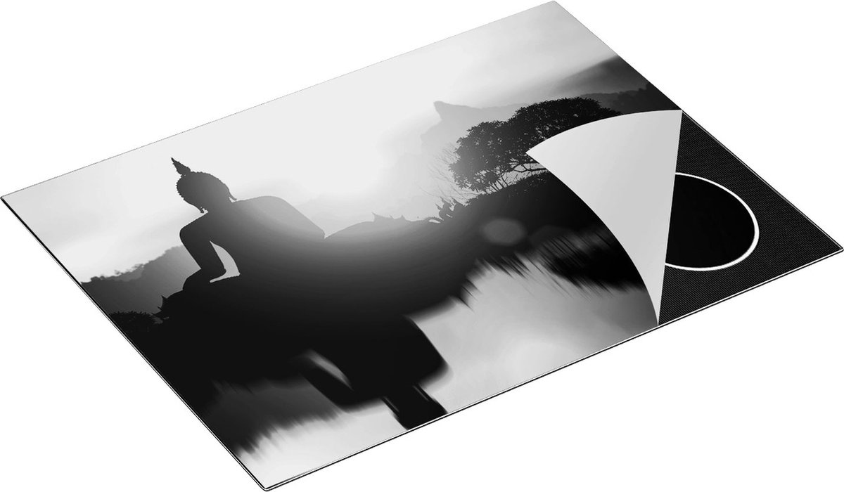 Chefcare Inductie Beschermer Silhouet van Boeddha Beeld met Zonsondergang - Zwart Wit - 70x52 cm - Afdekplaat Inductie - Kookplaat Beschermer - Inductie Mat