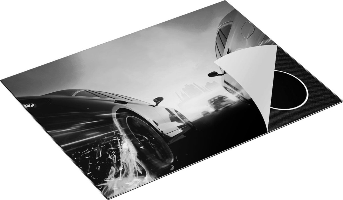 Chefcare Inductie Beschermer Twee Raceauto's - Blauw Tegen Rood - Zwart Wit - 70x55 cm - Afdekplaat Inductie - Kookplaat Beschermer - Inductie Mat