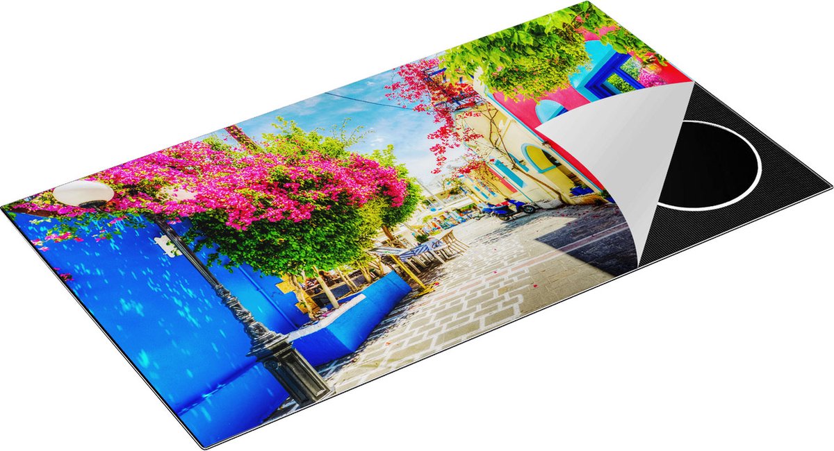 Chefcare Inductie Beschermer Kleurrijke Straat op het Eiland Kos, Griekenland - 95x50 cm - Afdekplaat Inductie - Kookplaat Beschermer - Inductie Mat