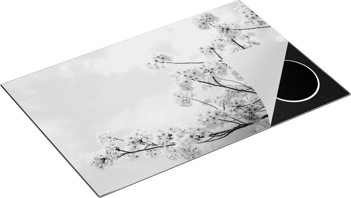 Chefcare Inductie Beschermer Roze Bloesemboom - Bloemen - Zwart Wit - 80x55 cm - Afdekplaat Inductie - Kookplaat Beschermer - Inductie Mat