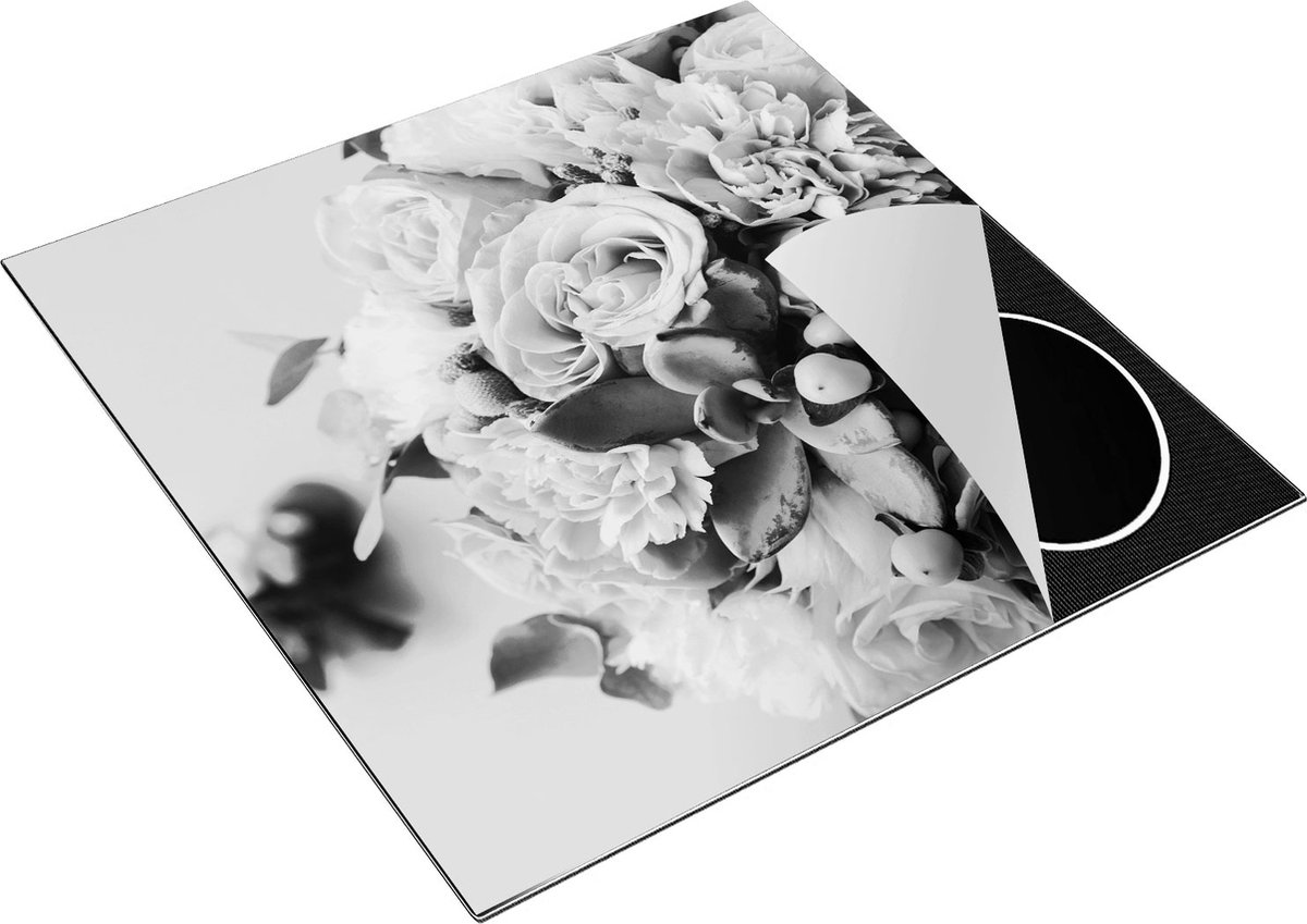 Chefcare Inductie Beschermer Bloemen in Vaas - Boeket - Zwart Wit - 78x78 cm - Afdekplaat Inductie - Kookplaat Beschermer - Inductie Mat