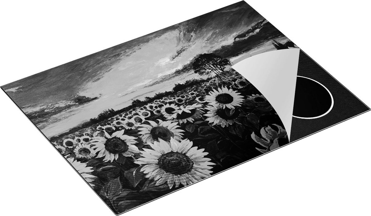 Chefcare Inductie Beschermer Getekende Zonnebloemen Veld met Olieverf - Zwart Wit - 70x55 cm - Afdekplaat Inductie - Kookplaat Beschermer - Inductie Mat