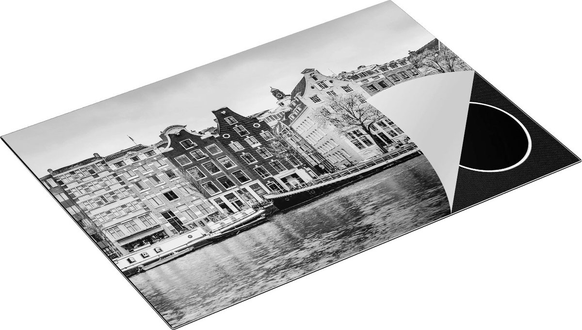 Chefcare Inductie Beschermer Amsterdamse Huisjes vanaf de Gracht - Zwart Wit - 75x55 cm - Afdekplaat Inductie - Kookplaat Beschermer - Inductie Mat
