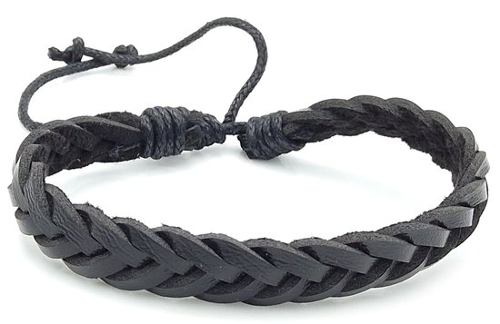 Zwarte gevlochten leren armband met schuifknoop