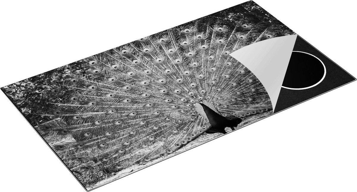 Chefcare Inductie Beschermer Pauw met Grote Kleurrijke Veren - Zwart Wit - 95x50 cm - Afdekplaat Inductie - Kookplaat Beschermer - Inductie Mat