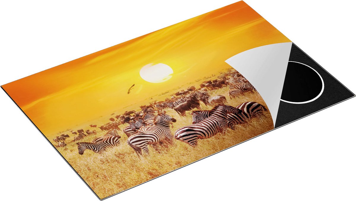 Chefcare Inductie Beschermer Kudde Zebra's bij een Oranje Zonsondergang - 80x52 cm - Afdekplaat Inductie - Kookplaat Beschermer - Inductie Mat