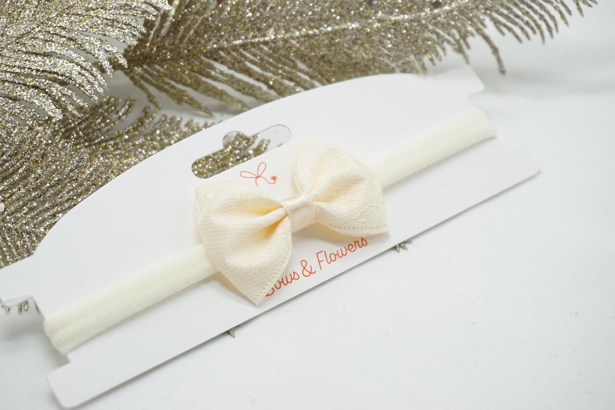 Cotton lace nylon regular haarband - Kleur Antiek wit - Haarstrik - Babyshower - Bows and Flowers