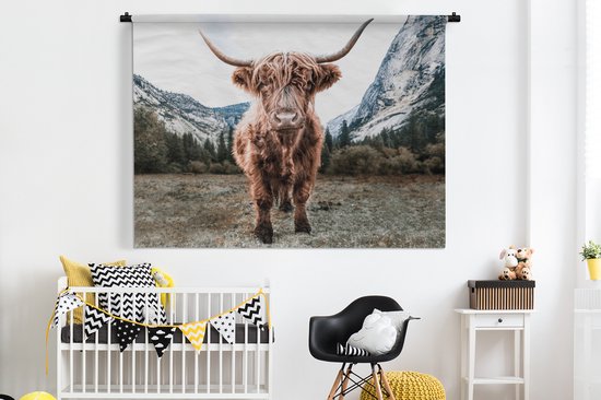Wandkleed - Wanddoek - Schotse Hooglander - Berg - Dieren - 180x135 cm - Wandtapijt