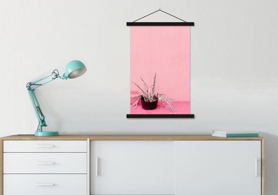 Posterhanger incl. Poster 60x90 cm - Schoolplaat - Zomer - Roze - Planten - Textielposter - Zwarte latten