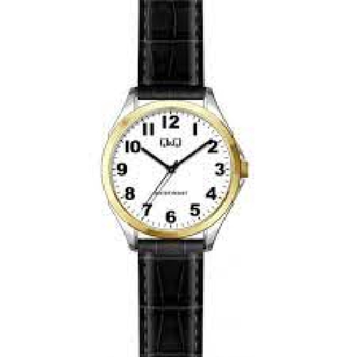 QQ C12A-500PY - Horloge - Analoog - Heren - Mannen - Leren band - Rond - Staal - Zwart - Zilverkleurig - Goudkleurig