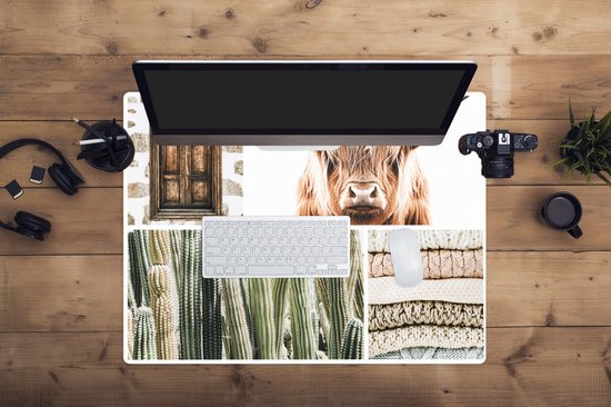 Muismat XXL 80x60 cm - Bureau onderlegger - Bureau mat Schotse hooglander - Cactus - Hout - Bureaumat - Gaming mousepad xl - Bureaulegger groot - Computer deskmat