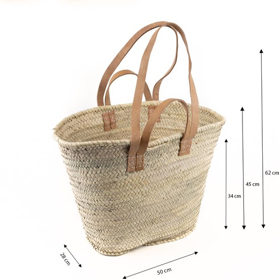 Strandtas - Riet - 100% Natuurlijke Materialen - Boodschappentassen - 50 (L) x 45 (H) x 18 (D) cm - Strandtassen - Rieten strandtas - Lange en korte hengsel