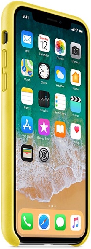 Gele telefoonhoes om een iPhone X met apps, van de zijkant gezien.
