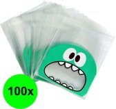 Fako Bijoux® - 100x sacs de fête - sacs-cadeaux en plastique cellophane - sacs à bonbons - monstre - 10x10cm - vert