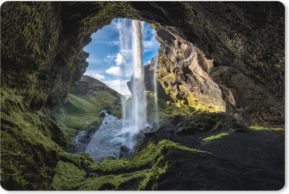 Muismat XXL 90x60 cm - Bureau onderlegger - Bureau mat Waterval buiten een grot in IJsland - Bureaumat - Gaming mousepad xl - Bureaulegger groot - Computer deskmat