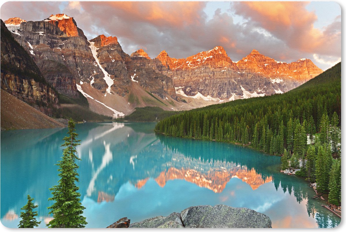 Muismat XXL 90x60 cm - Bureau onderlegger - Bureau mat Het Noord-Amerikaanse Moraine Lake tijdens een zonsopgang in Canada - Bureaumat - Gaming mousepad xl - Bureaulegger groot - Computer deskmat