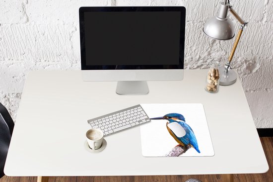 Muismat XXL 40x40 cm - Bureau onderlegger - Bureau mat IJsvogel - Veren - Tak - Blauw - Bureaumat - Gaming mousepad xl - Bureaulegger groot - Computer deskmat