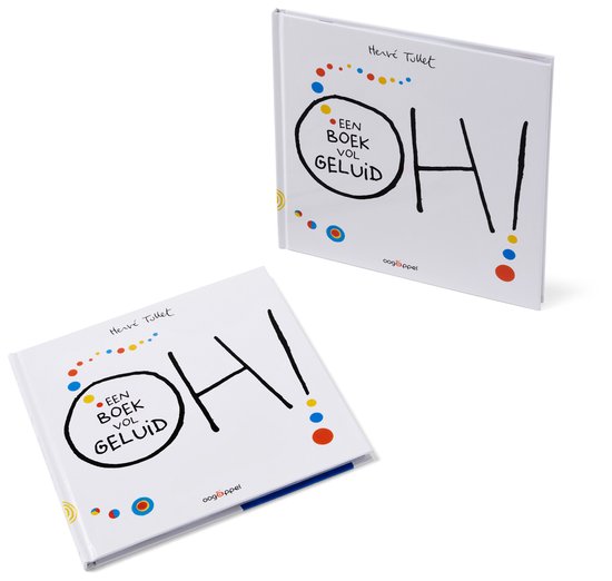Twee witte boeken met de titel "OH! EEN BOEK VOL GELUID" in zwarte letters, met kleurrijke stippen.