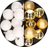 24x stuks kunststof kerstballen mix van wit en goud 6 cm - Kerstversiering