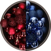 Bellatio Decorations Kerstballen mix - 74-delig - kobalt blauw en donkerrood - 6 cm - kunststof