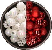 74x morceaux de boules de Noël en plastique mélange de nacre blanche et rouge 6 cm - Décorations de Noël