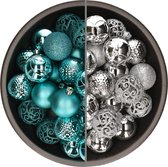 74x stuks kunststof kerstballen mix van turquoise blauw en zilver 6 cm - Kerstversiering