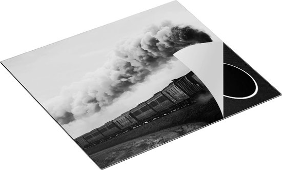 Chefcare Inductie Beschermer Locomotief Trein met Rook Wolken - Zwart Wit - 59x52 cm - Afdekplaat Inductie - Kookplaat Beschermer - Inductie Mat