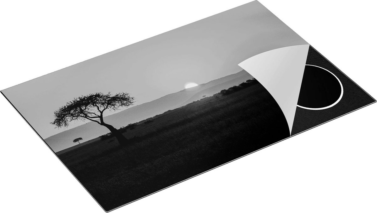 Chefcare Inductie Beschermer Zonsopgang in de Savanne met een Boom - Zwart Wit - 81,2x52 cm - Afdekplaat Inductie - Kookplaat Beschermer - Inductie Mat