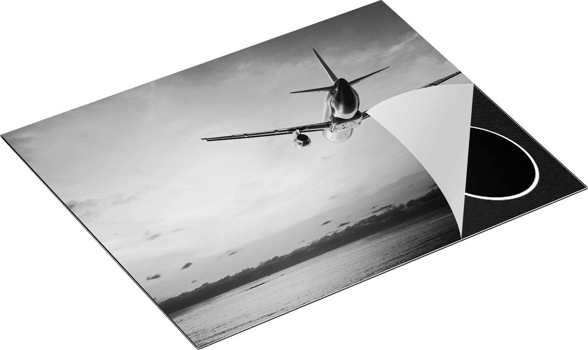 Chefcare Inductie Beschermer Vliegtuig Boven de Zee bij Zonsondergang - Zwart Wit - 65x52 cm - Afdekplaat Inductie - Kookplaat Beschermer - Inductie Mat