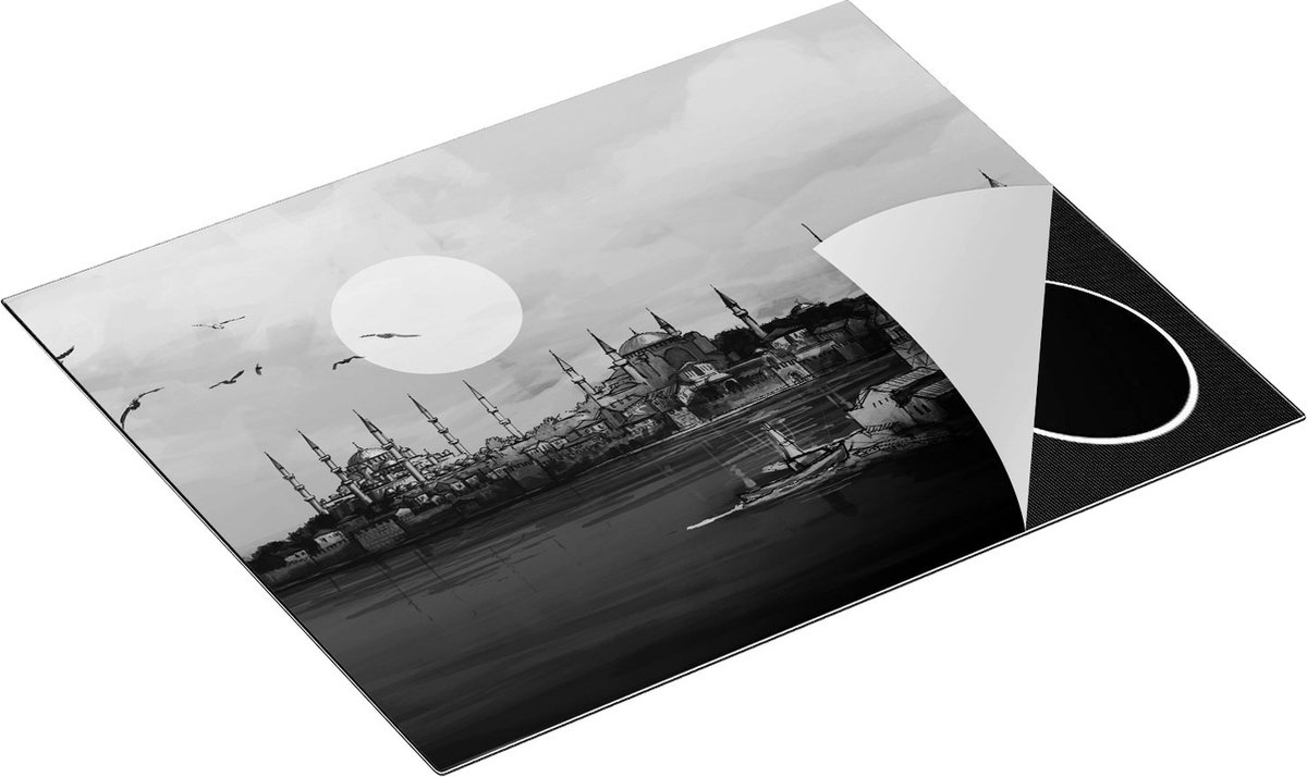 Chefcare Inductie Beschermer Illustratie van de Maiden's Tower in Istanbul - Zwart Wit - 65x50 cm - Afdekplaat Inductie - Kookplaat Beschermer - Inductie Mat