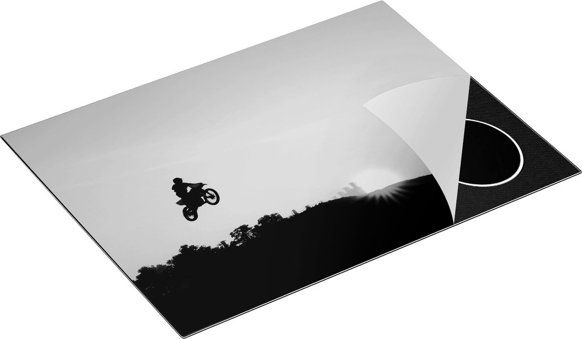 Chefcare Inductie Beschermer Silhouet van een Motorcross bij Zonsondergang - Zwart Wit - 70x50 cm - Afdekplaat Inductie - Kookplaat Beschermer - Inductie Mat