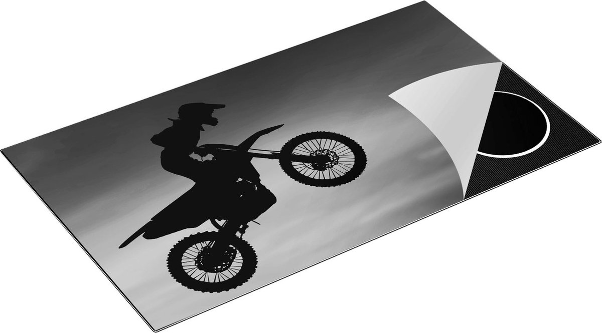 Chefcare Inductie Beschermer Silhouet van een Motorcross in de Lucht - Zwart Wit - 90x52 cm - Afdekplaat Inductie - Kookplaat Beschermer - Inductie Mat