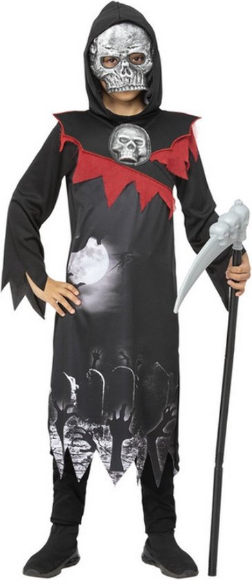 BSBUY Horrorkostuum voor kinderen, 6 stuks, zwart, Halloween geestenset, met riem/hoeden/gewaden/handschoenen/Magere Hein zeis/glow in the dark doodshoofd halsketting, Magere Hein kostuum, Reaper