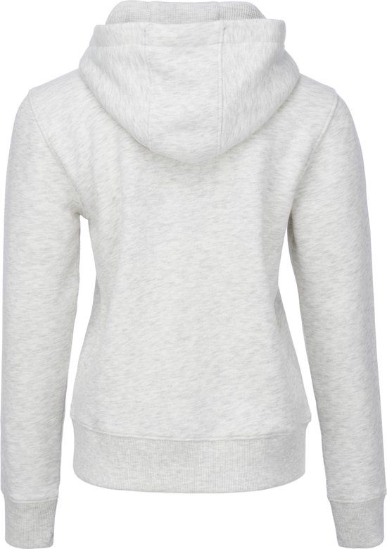 Achterkant van een dames hoodie in lichtgrijs gemêleerd met capuchon en lange mouwen.