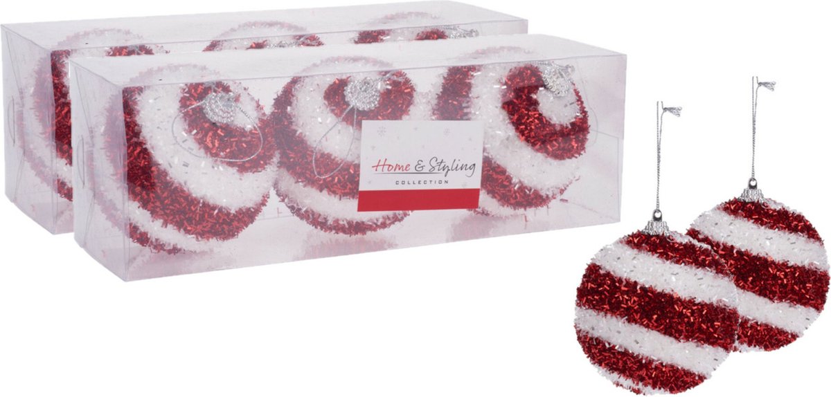 6x stuks gedecoreerde kerstballen rood/wit kunststof diameter 8 cm - Kerstboom versiering