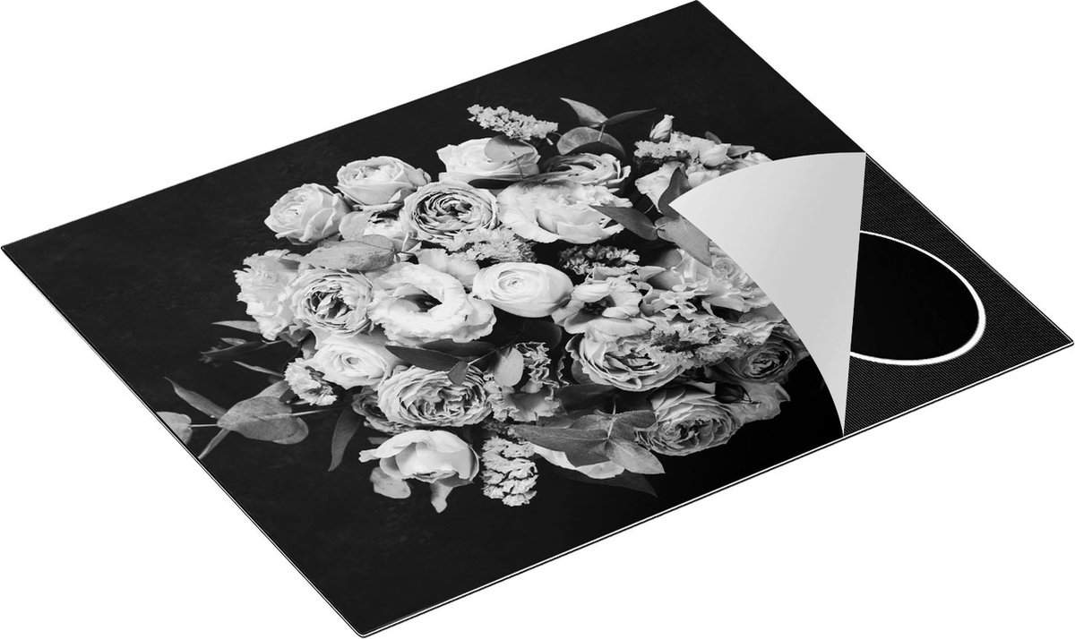 Chefcare Inductie Beschermer Boeket met Verschillende Bloemen - Zwart Wit - 65x55 cm - Afdekplaat Inductie - Kookplaat Beschermer - Inductie Mat