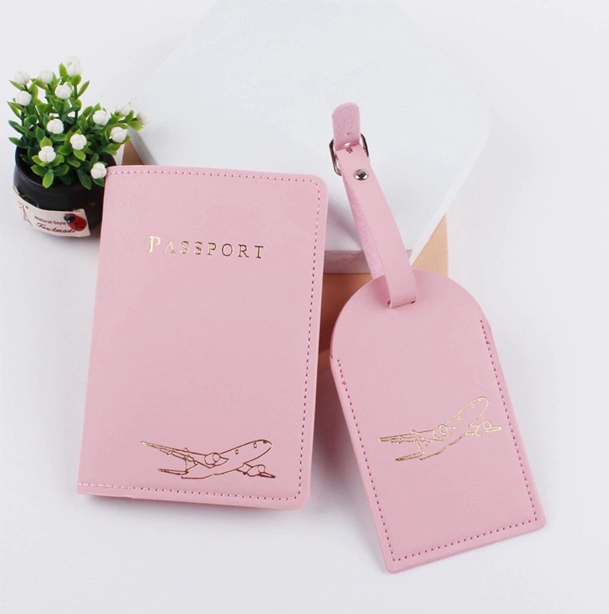 Premium Lederen Paspoorthoes met Bagagelabel - Paspoorthouder - Paspoort Protector with Luggage Tag - Roze