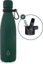 Wattamula Luxe design eco RVS drinkfles - mosgroen - extra dop met rietje en carrier - 500 ml - waterfles - thermosfles - sport