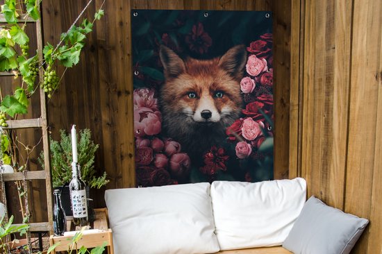 Affiche jardin - Toile jardin - Posters de jardin extérieur - Renard - Fleurs - Botanique - Animaux - 90x120 cm - Jardin