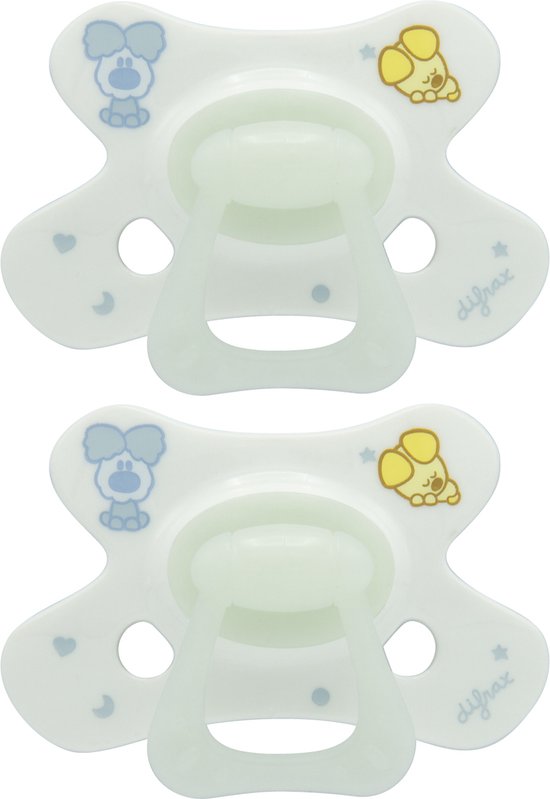 Twee witte Difrax fopspenen met blauwe en gele hondjes en sterren.