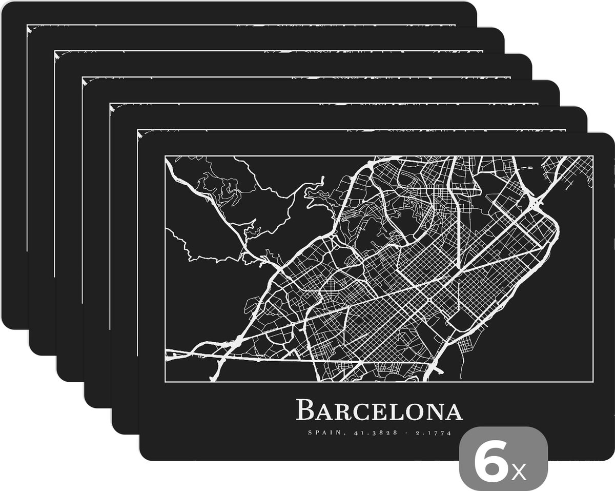 Placemat - Placemats kunststof - Stadskaart - Barcelona - Plattegrond - Kaart - 45x30 cm - 6 stuks - Hittebestendig - Anti-Slip - Onderlegger - Afneembaar