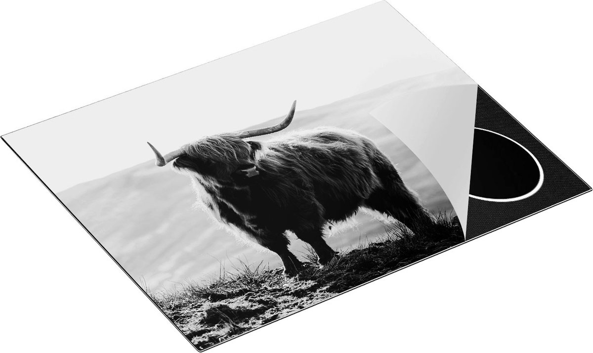 Chefcare Inductie Beschermer Schotse Hooglander in de Heuvels van Schotland - Zwart Wit - 65x52 cm - Afdekplaat Inductie - Kookplaat Beschermer - Inductie Mat