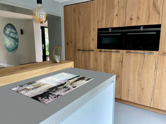 Chefcare Inductie Beschermer Abstracte Kunst - Acryl met Zwarte Vagen op Wit - 89,6x51,6 cm - Afdekplaat Inductie - Kookplaat Beschermer - Inductie Mat