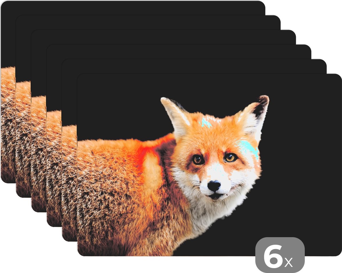 Placemats - Dieren - Vos - Zwart - Close-up - Onderlegger - Keuken - 45x30 cm - 6 stuks