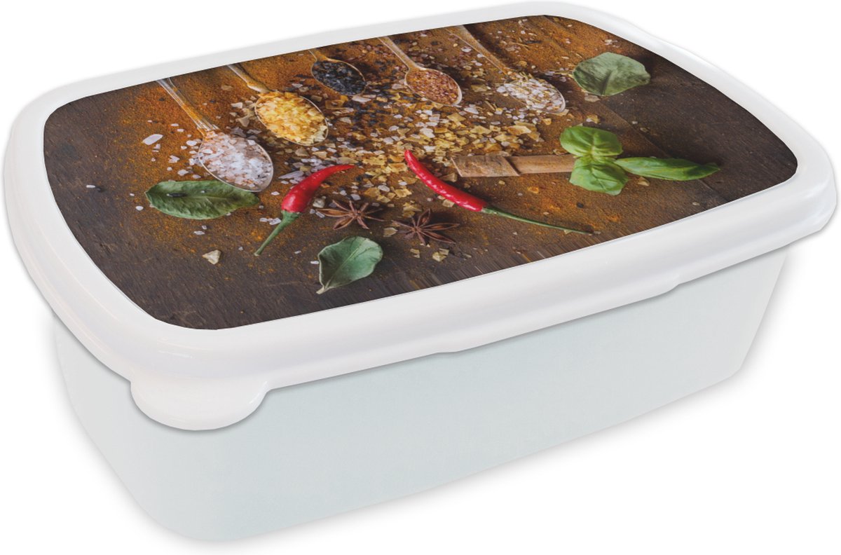 Broodtrommel Wit - Lunchbox - Brooddoos - Lepels - Kruiden - Chilipeper - Specerijen - 18x12x6 cm - Volwassenen