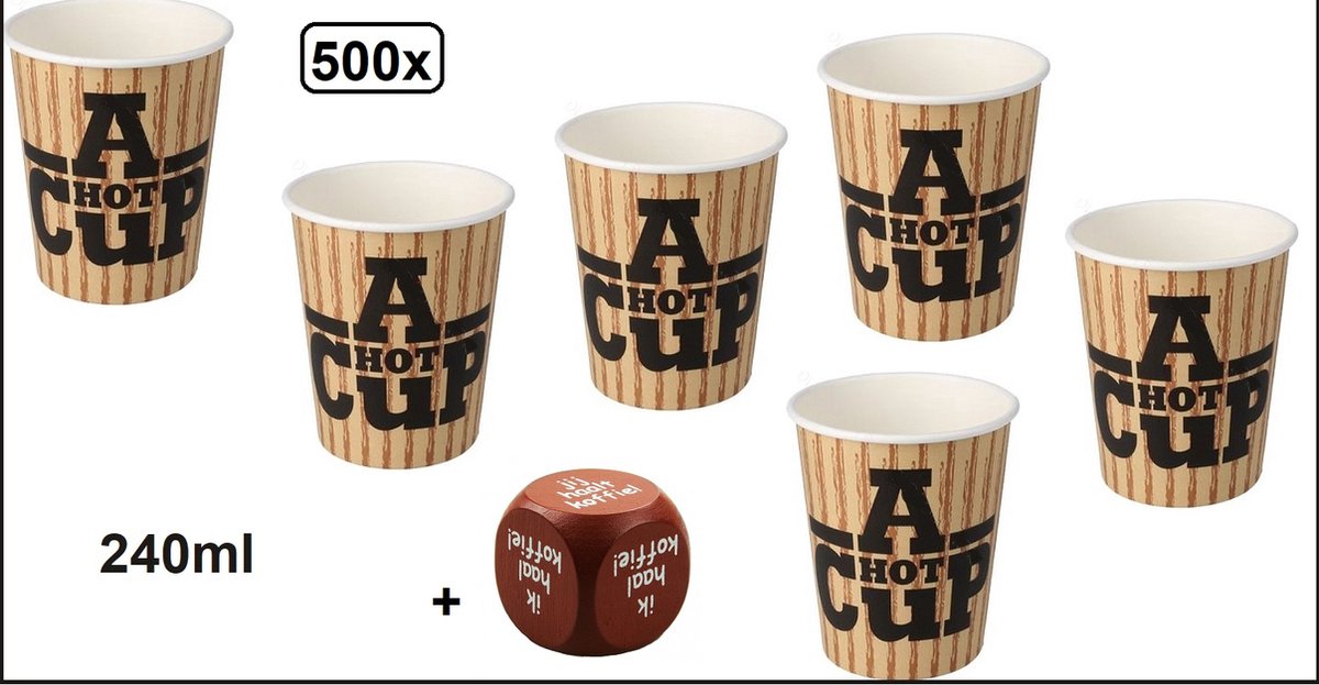 500x Big Koffiebeker A Hot Cup 240ml + dobbelsteen - Koffie thee chocomel soep latte warme drank water beker karton