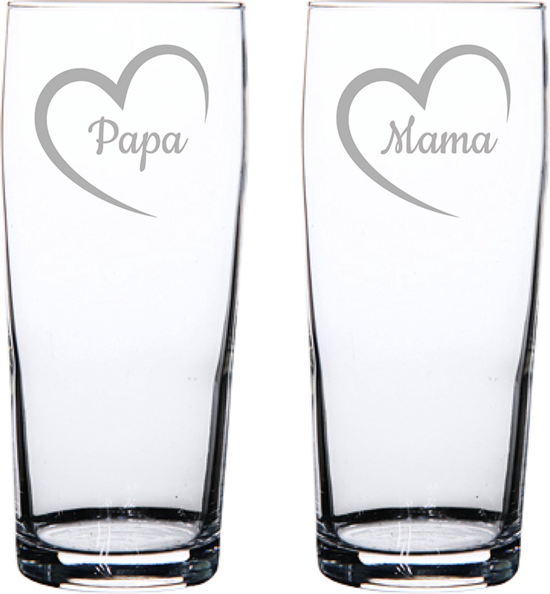 Gegraveerde bierfluitje 19cl Mama met hartje & Papa met hartje